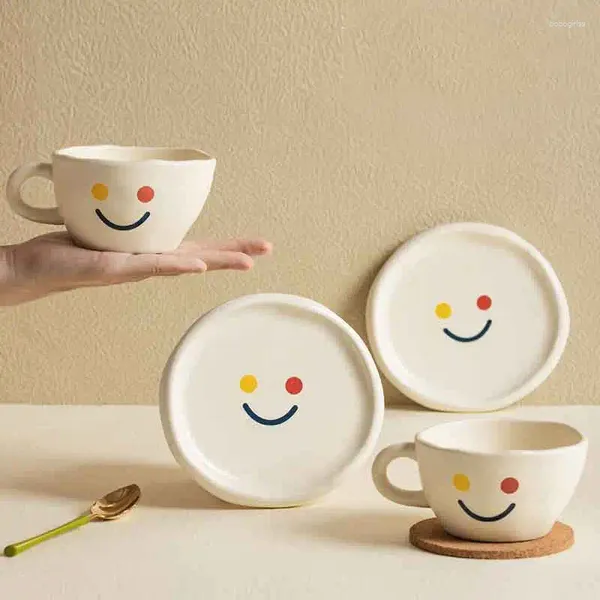 Tazze Piattini Tazza creativa in ceramica opaca con piattino per caffè, tè, set giapponese da tavola dipinto a mano, simpatico regalo di compleanno