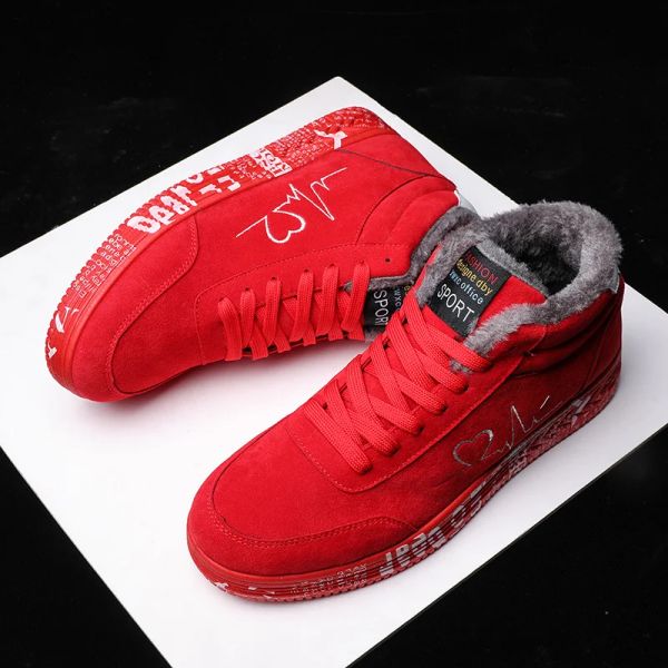 Botlar 2022 Kış Kadın Erkek Spor ayakkabıları Kırmızı Kauçuk Alt Sneaker Man Sıcak Peluş Moda Tehlike Tutun Erkek Ayakkabılar Düz Lover Ayakkabıları