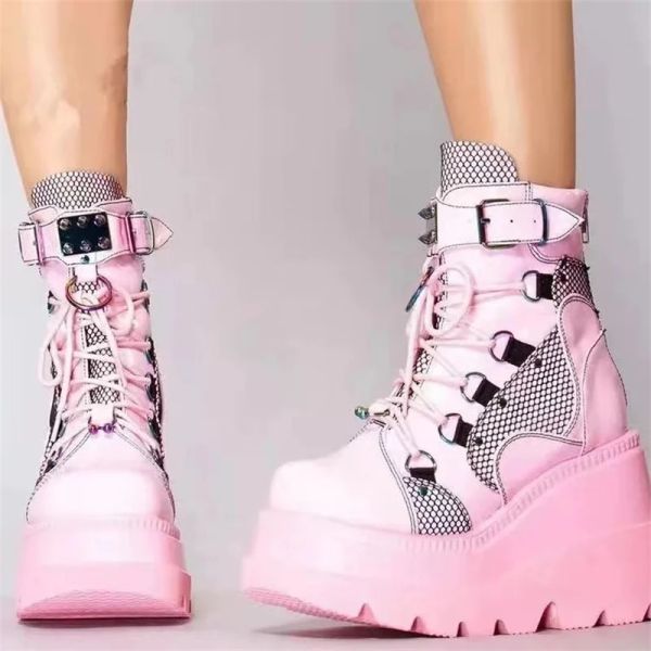 Stiefel 2023 Neue Frauen Punk Gothic Motorrad Stiefel 2023 Plattform Chunky High Heel Knöchel Stiefel Damen Coole Keilfrau Pink Female Schuhe