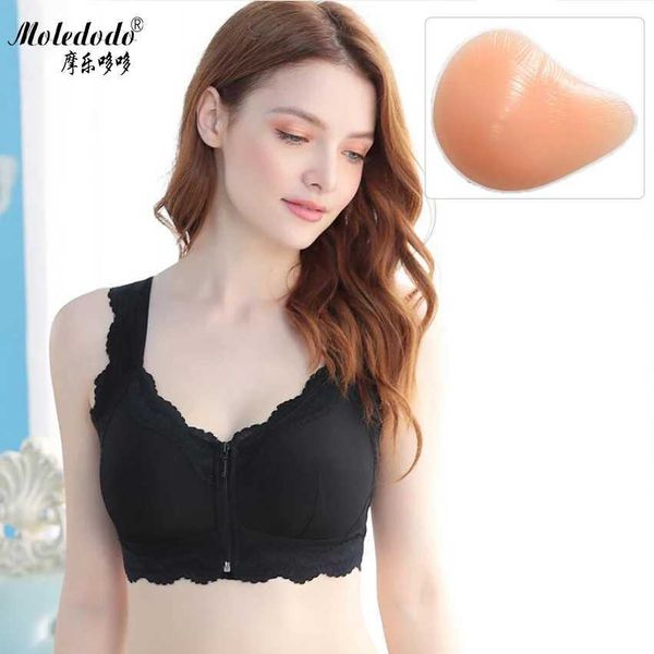 Almofada de peito preto mastectomia sutiã de algodão roupa interior sexy sutiã com zíper frontal 3xl pode inserir espiral silicone falso formas de mama prótese 240330