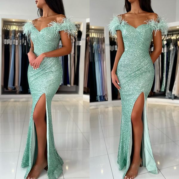 Green Glitter Mint Mermaid Prom Dress Feathers fora das lantejoulas formais da noite formal vestidos sem costas para OCNs especiais Robe de Soiree es