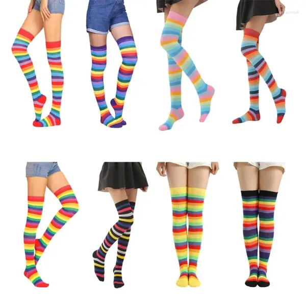 Damensocken für Mädchen, ausgefallene Regenbogen-bunte Streifen über dem Knie, lang, für Halloween, Cosplay