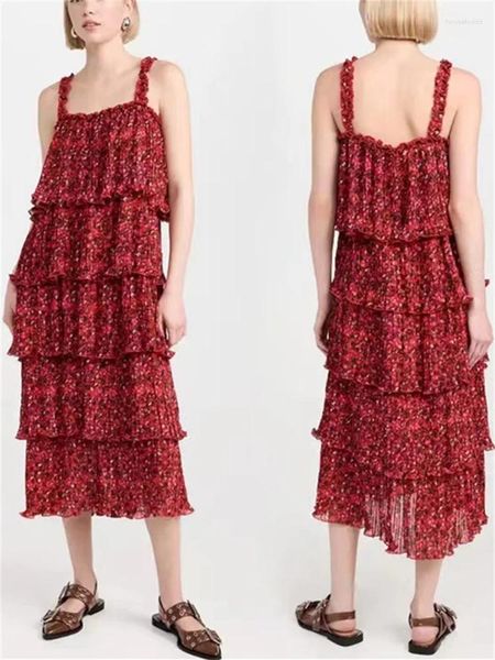 Повседневные платья, женское красное платье без рукавов с цветочным принтом, весна 2024, женская плиссированная юбка-миди с квадратным воротником и высокой талией