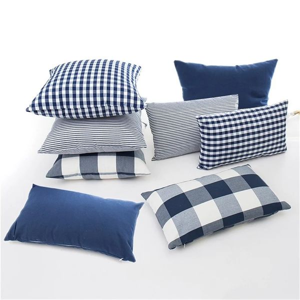 Новый клетчатый полосатый полиэфир хлопковой холст подушка подушка темно -синий стул диван домашний декор. Крышка наволочки