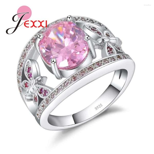 Anéis de cluster na moda borboleta design moda claro cz zircon anel de noivado para mulheres presente 925 prata esterlina cristal casamento