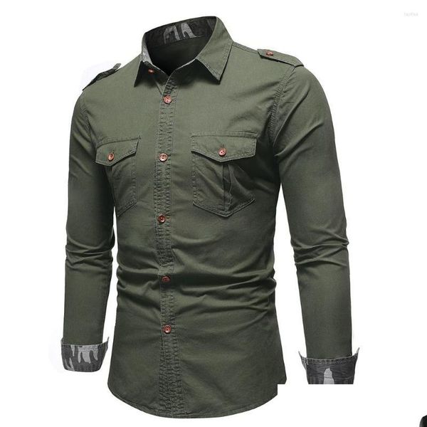 Camicie eleganti da uomo 4620 Camicia cargo da uomo Manica lunga Tasche laterali Militare Capispalla uomo Jeans Nero Kaki Verde Grigio Drop Delivery App Otpob