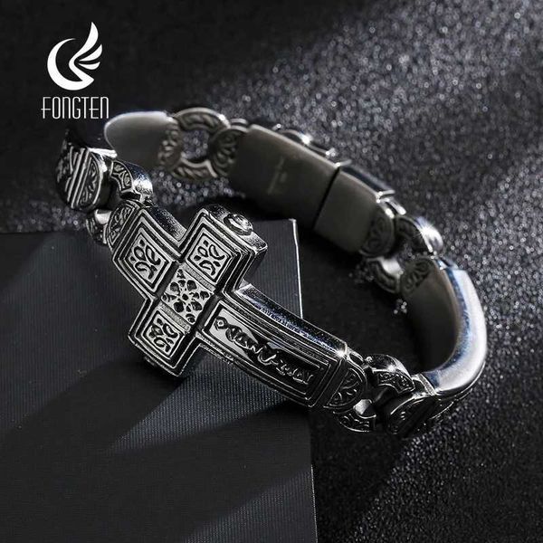 Corrente Fongten Cruz Encantos Pulseira Mens Aço Inoxidável Heavy Duty Mens Pulseira Mens Retro Rune Prata Jóias Pulseira Q240401