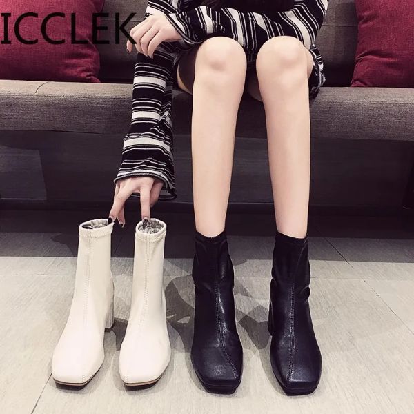 Botas 2020 Autumn New Women Boots Leather Sock Boots 6 cm de altura Sapatos de calcanhar de toe de toe