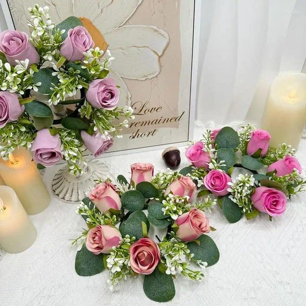 Fiori decorativi 22 cm Anelli per candele Candeliere Corona Rosa artificiale europea Decorazione natalizia Puntelli per finestre Disposizione di nozze da tavolo