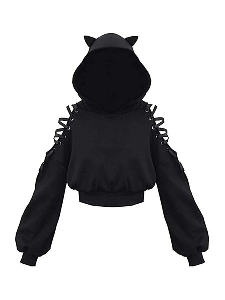 Kadın Hoodies Sweatshirts Kadınlar sn büyük boy kapşonlu uzun kollu sevimli kulak kedi kapalı omuz kırpılmış üst gotik kapalı omuz dantel yukarı kazak sweatshirt 240401