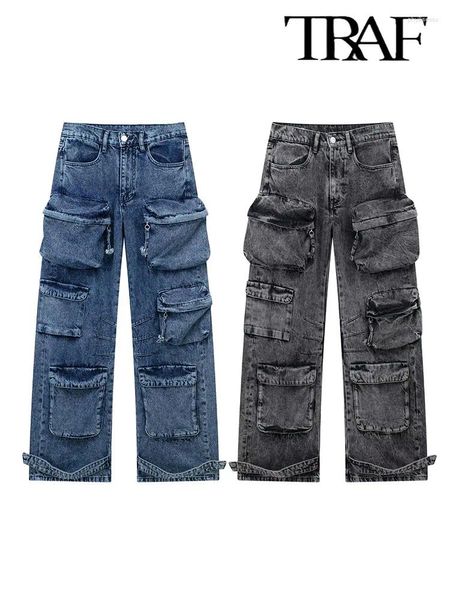 Jeans da donna Donna 2024 Abbellimenti tascabili alla moda bicolore per design casual e pantaloni femminili a gamba dritta