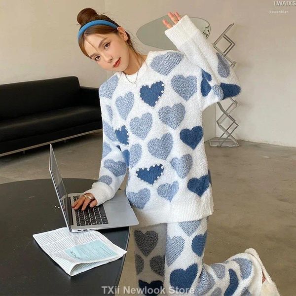 Casa Roupas TXii Look Doce Menina Pérola Amor Celebridade Pijama Feminino Outono E Inverno Macio Engrossado Roupas de Malha