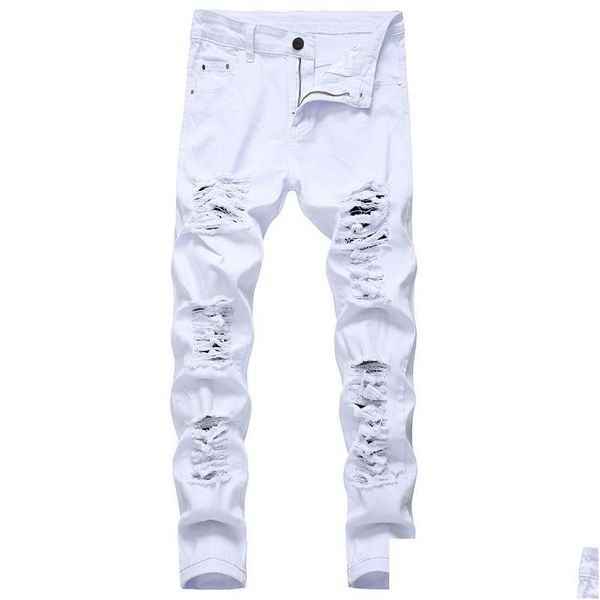 Herren Jeans Weiß Schwarz Died Löcher Skinny Fl Länge Denim Hosen Street Style Hosen Großhandel Drop Lieferung Bekleidung Kleidung DHY7Q