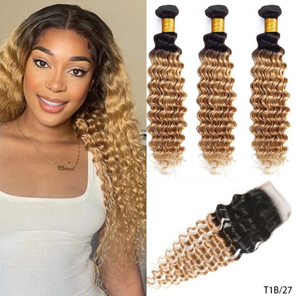 New Omber Dreamdiana Deep Wave 1b/27 1b/4/30 Blond Brasilian Curly 3 Bündel mit Verschluss Remy Human Hair Perücken