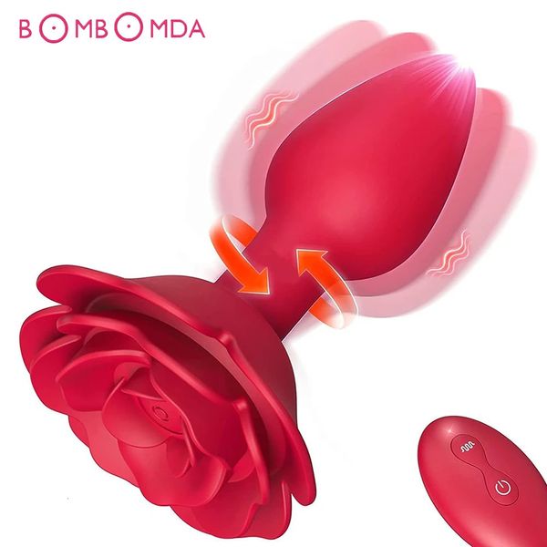 Rosa anal plug rotação vibrador massagem de próstata bunda estimulador vaginal controle remoto sem fio brinquedos sexuais para mulher melhor qualidade