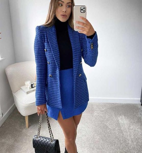 Women039s ternos blazers mulher elegante azul marinho fino tweed blazer 2022 outono feminino francês sólido texturizado senhoras chique double9351350