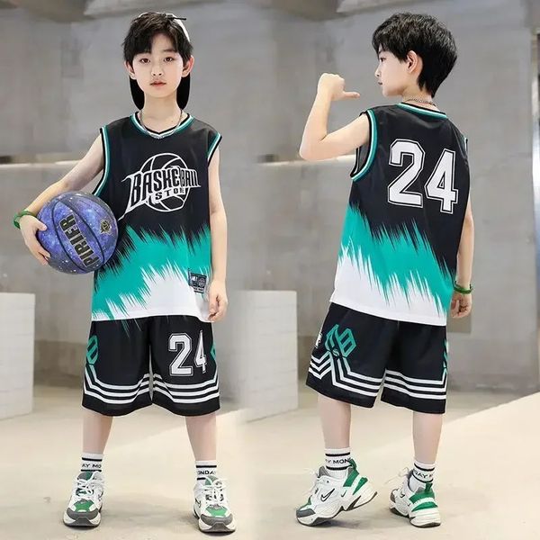 Meninos verão basquete de secagem rápida 24 ternos esportivos meninos sem mangas vsetshort calças 2 pçs conjuntos crianças roupas esportivas 240328