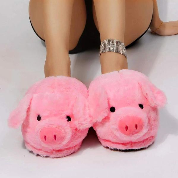 Pantofole Cartoon Pig Design Fuzzy Novità Inverno Donna Scarpe in peluche 3d Punta rotonda Caldo pavimento interno Zapatos per la casa