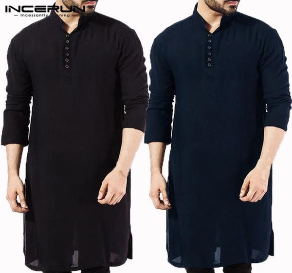 Incerun casual camisa masculina de algodão manga longa gola vintage sólido costurado longo topos indiano kurta terno camisa paquistanesa 5xl7664419