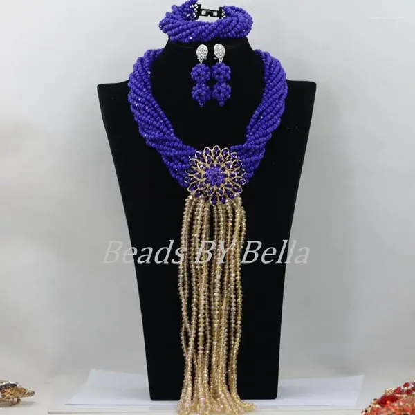 Halskette Ohrringe Set undurchsichtige königsblaue Kristallperlen Schmuck nigerianische Hochzeit afrikanische ABF503