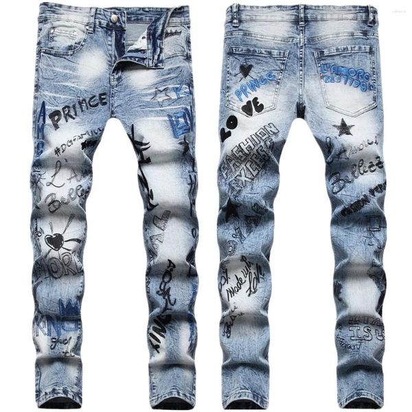 Мужские джинсы в стиле хип-хоп с вышивкой спереди и сзади, эластичные узкие прямые ковбойские длинные брюки с тяжелой вышивкой