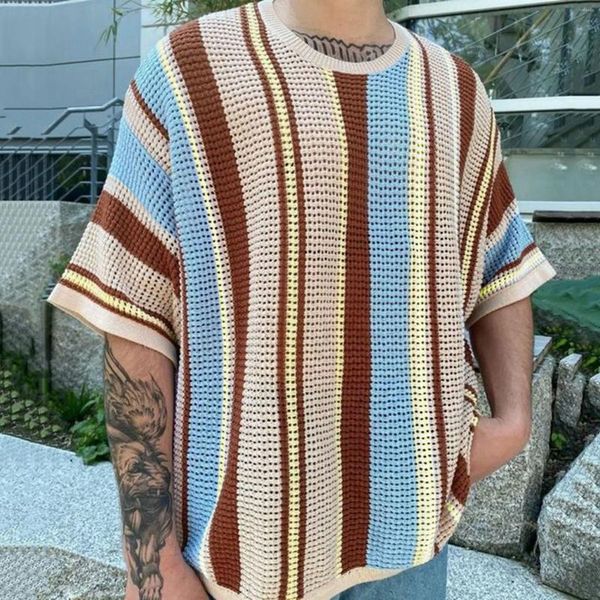 Herren-Poloshirts, gestricktes Netz-T-Shirt mit mehrfarbigen Streifen, Patchwork, halbe Ärmel, O-Ausschnitt, Pullover, T-Shirt, gestrickt, Vintage-Herrenbekleidung, Sommer