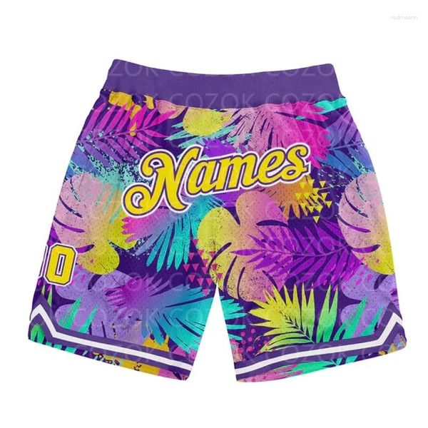 Shorts masculinos personalizados padrão roxo autêntico basquete 3D impresso homens seu nome mumber praia de secagem rápida