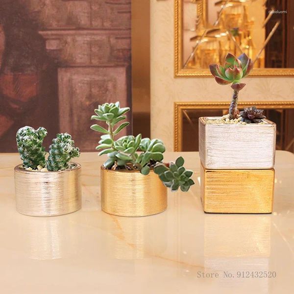 Vasi Galvanotecnica Vaso in ceramica oro e argento Vaso di fiori succulenti Decorazione domestica Soggiorno Decorazione del giardino Stile europeo