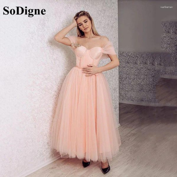 Abiti da festa SoDigne Rosa Prom Princess Donne incinte Tulle con spalle scoperte Abito formale da sera con cintura