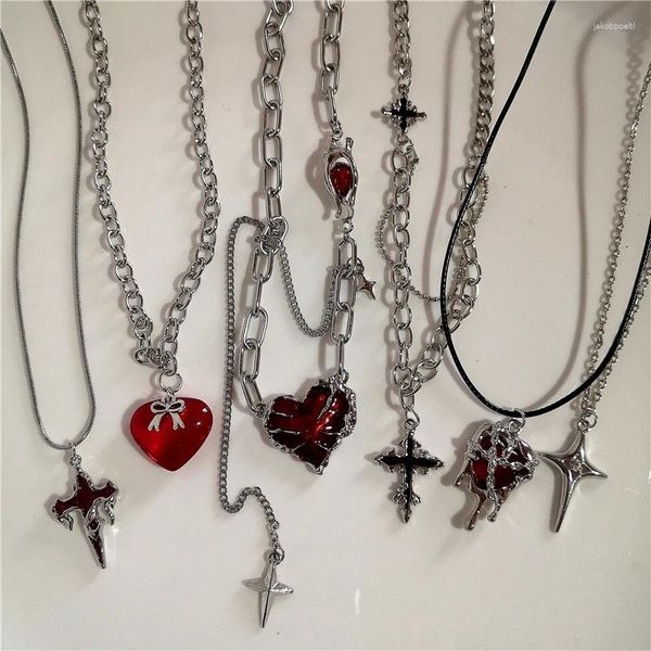 Anhänger Halsketten Punk Gothic Red Lava Stern Kreuz Herz Leder Seil Halskette Frauen Männer Hip Hop Y2K 90er Jahre EMO Zubehör Ästhetischer Schmuck