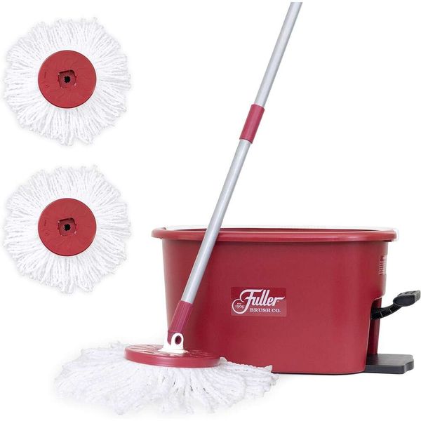 Fuller Brush Spin Mop Sistema de balde exclusivo - Easy Wring 360° Spin - Limpeza de piso sem riscos - Vermelho rubi (2 cabeças de esfregão de recarga extra)
