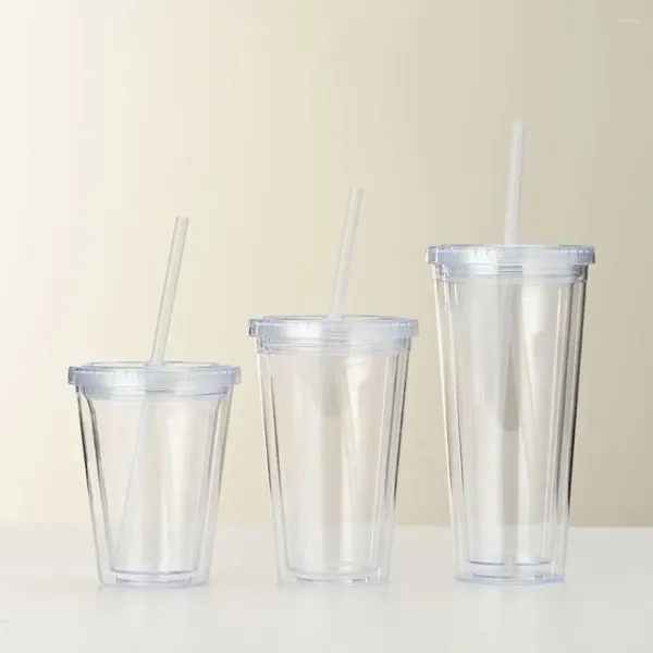 Kapak ve Samanlı Tumblers Househo Çift Katmanlı Şeffaf Su Şişesi Plastik 350/450/650ml Buzlu Kahve Kupası Evde Kullanım