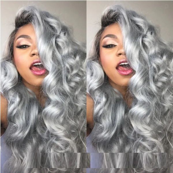 Wigs brasiliana ombre grigio grigio peli umani wigs wigs wavy con nodi sbiancati