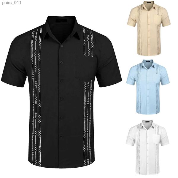 Camisas casuais masculinas Mens de manga curta Camisa de linho Cuba Tops Pocket Pocket Guayabera Shirts 240402