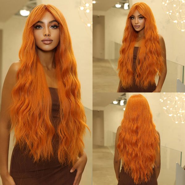 Perucas longas ondulação de gengibre as perucas sintéticas para mulheres negras de cobre laranja peruca amarela com franja natural super longa onda corporal peruca