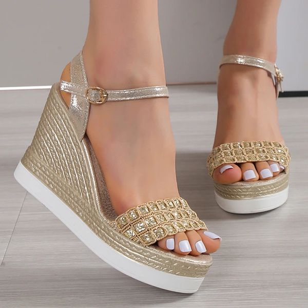 Gold Silber Glitters Keil Sandalen Frauen Schnalle Strap Chunky Plattform Sandalen Frau Sommer Rutschfeste Dicke Sohle Alias Mujer 240311