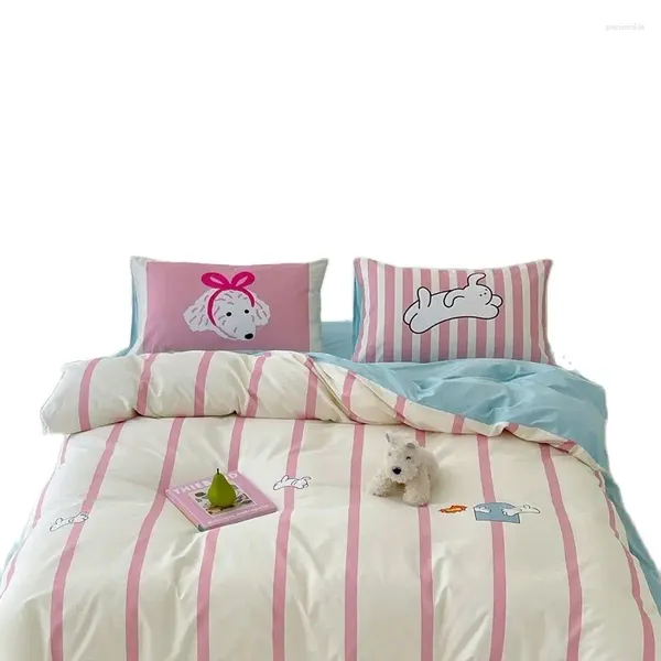 Conjuntos de cama Listrado Conjunto de Algodão 13372 Dos Desenhos Animados Home Linho Dopamina Impressão Digital Duveta Capa Rosa Azul Bedclothes Menino Menina Twin Sheet