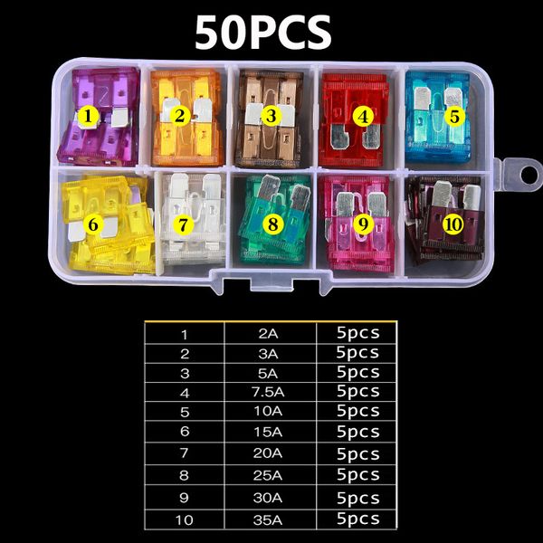 Fusti auto da 50/100pcs 2A 3A 5A 7.5A 10A 15A 20A 25A 30A 35A AMP con scatola di archiviazione Assortimento Assortimento Auto Blade Fuse SET Truck