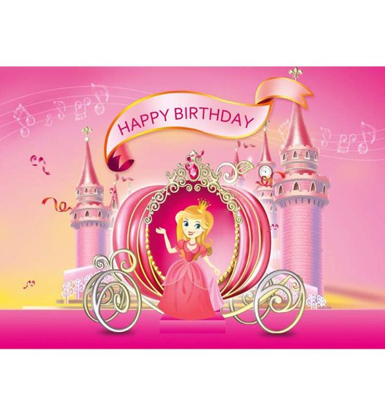 Prinzessin Mädchen Alles Gute zum Geburtstag Hintergrund Rosa Gedruckt Musik Noten Kutsche Neugeborenes Baby Kinder Party Motto Foto Hintergründe9242110