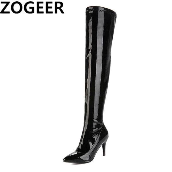 Stiefel Mode über den Kniestiefeln Frauen sexy High Heel -Oberschenkel High Stiefel Winter Patent Leder speicherte Party Langer Schuh groß Größe 45 46