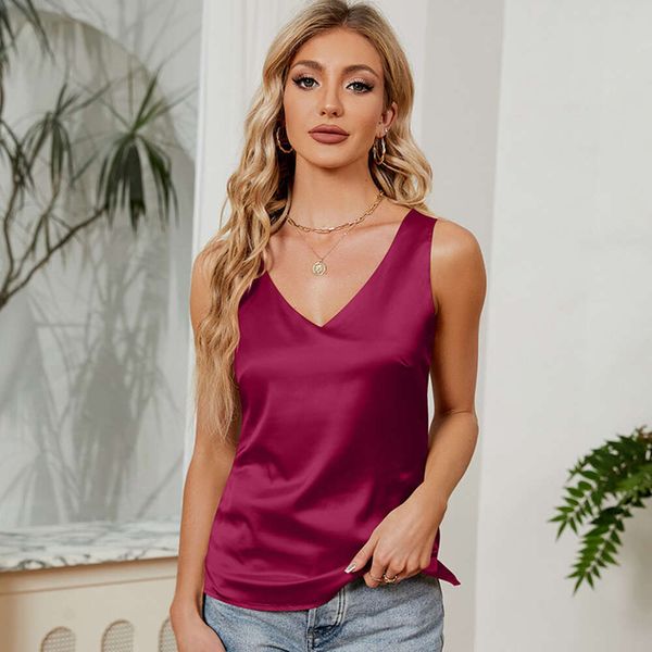 2024 sommer und Herbst Neue frauen Ärmelloses Satin Farbige Ding Sling Tank Top V-ausschnitt Sling floral rock urlaub strand