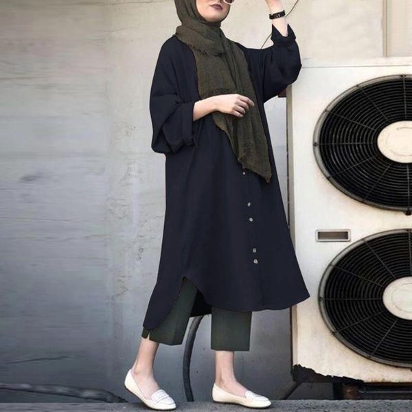Abbigliamento etnico Temperamento Elegante tinta unita a maniche lunghe abbottonato Abito musulmano Per le donne Abiti larghi casual di media lunghezza Ladeis Abaya