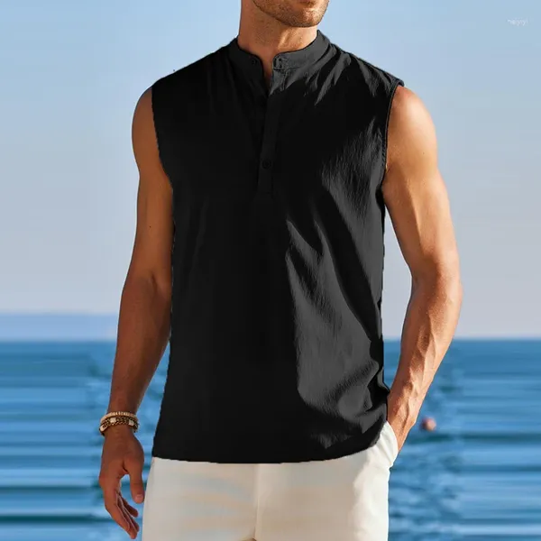 Camicie casual da uomo Moda Spiaggia Abbigliamento uomo Camicia da palestra Canotta senza maniche Solid Gilet sportivo 2024 Girocollo con bottoni T-shirt