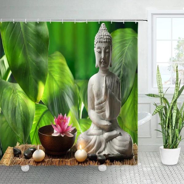 Duschvorhänge, tropische grüne Pflanzen, Buddha, Zen, schwarzer Stein, Kerze, rosa Lotus, chinesischer Stil, Heimstoff, Badezimmervorhang, Dekor