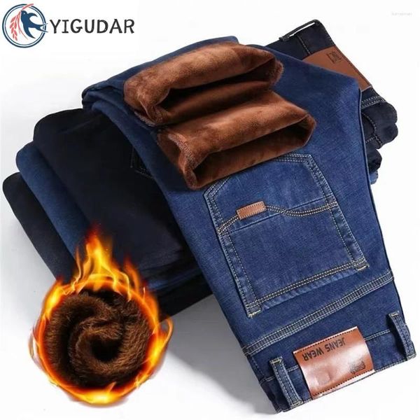 Jeans masculinos 2024 inverno quente jean para homens engrossar calça solta calças largas preto azul calças casuais y2k