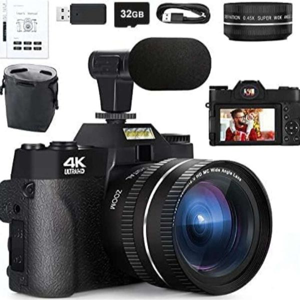 Câmera profissional de vlogging 4K de 48 MP com lentes macro grande angular, zoom digital 16X, tela giratória, microfone externo e memória de 32 GB - perfeita para vídeos do YouTube