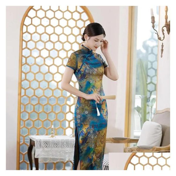 Ethnische Kleidung Sommer Kurzarm Lange Seide Satin Junge Traditionelle Chinesische Kleidung Frau Dünne Cheongsam Qipao Rock Drop Lieferung Dhvgi