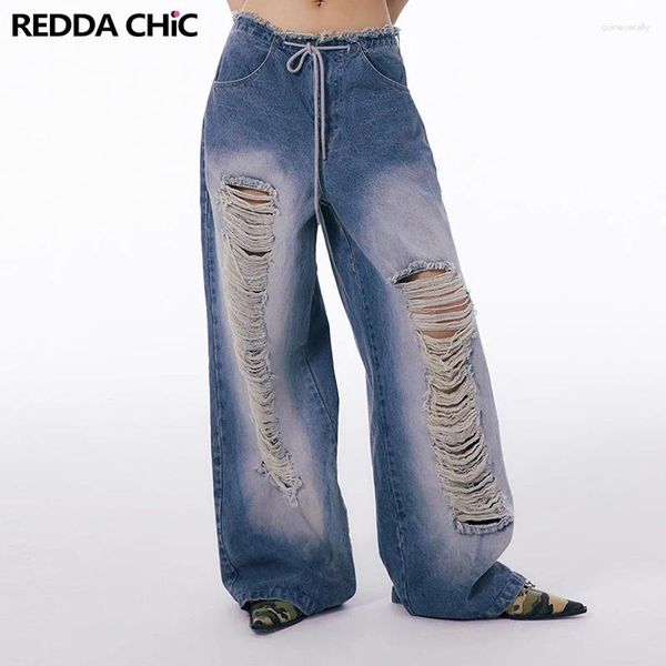 Jeans da donna ReddaChic Fasciatura strappata larga per le donne anni '90 Pantaloni vintage a gamba larga blu sbiancati con fori Pantaloni in denim larghi Moda Acubi