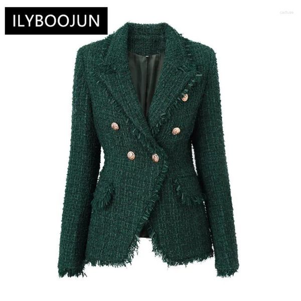 Kadın Suitler Kış Kalın Kumaş Yün Lüks Tasarım Patsel Patckwork Vintage Koyu Yeşil Tüvit Kadınlar 2024 için İnce Blazers