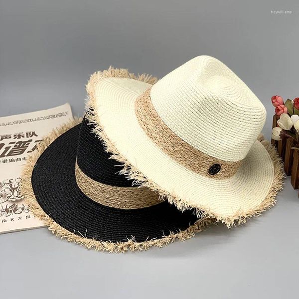 Berretti Donna Cappello da sole Rafia Paglia Spiaggia Tessuto fatto a mano Jazz Block Protezione UV Cappelli con visiera a tesa larga Uomo Panama Fedora